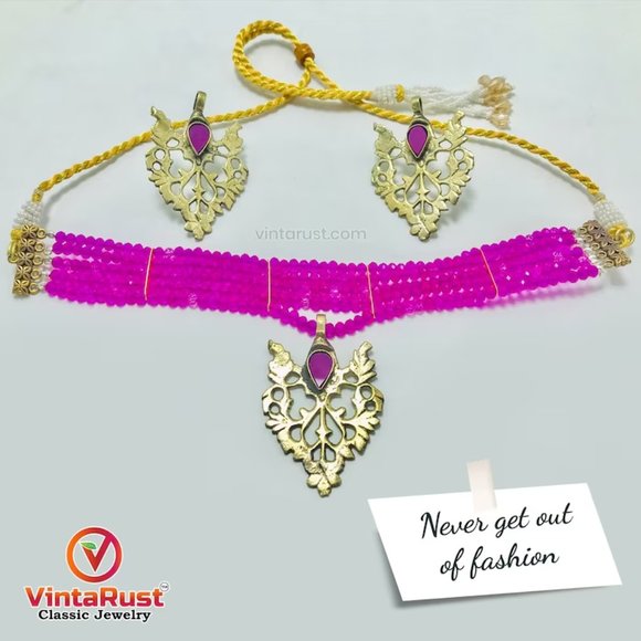 Valentine Special Sale, Beaded Jewelry Set, Beads With Brass Motif Jewelry Set, - Picture 3 of 9